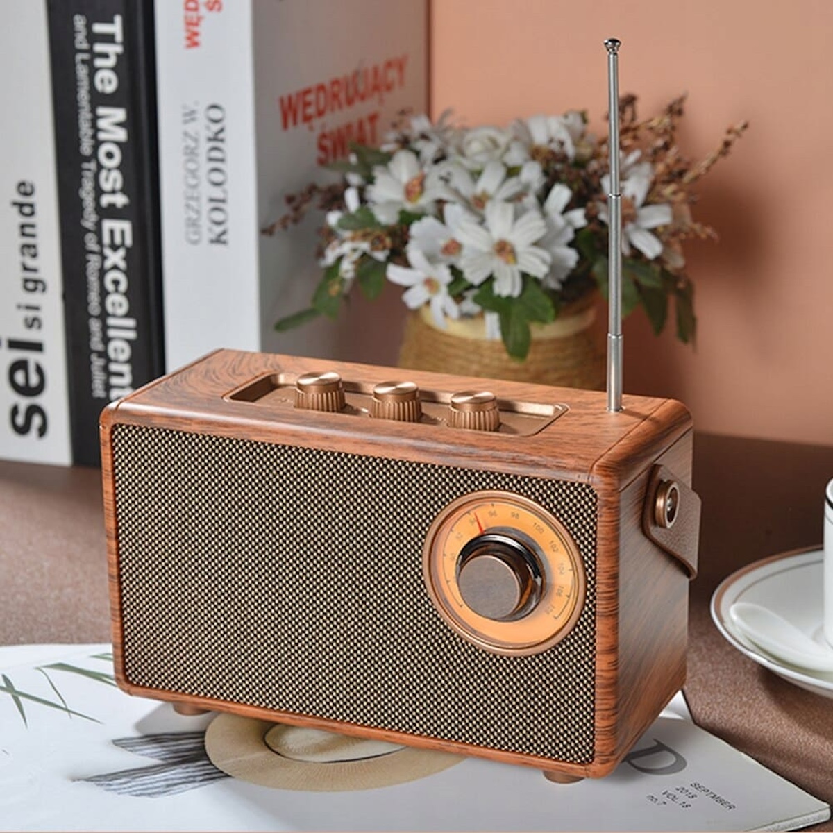 复古设计老式木质迷你小型收音机播放器
